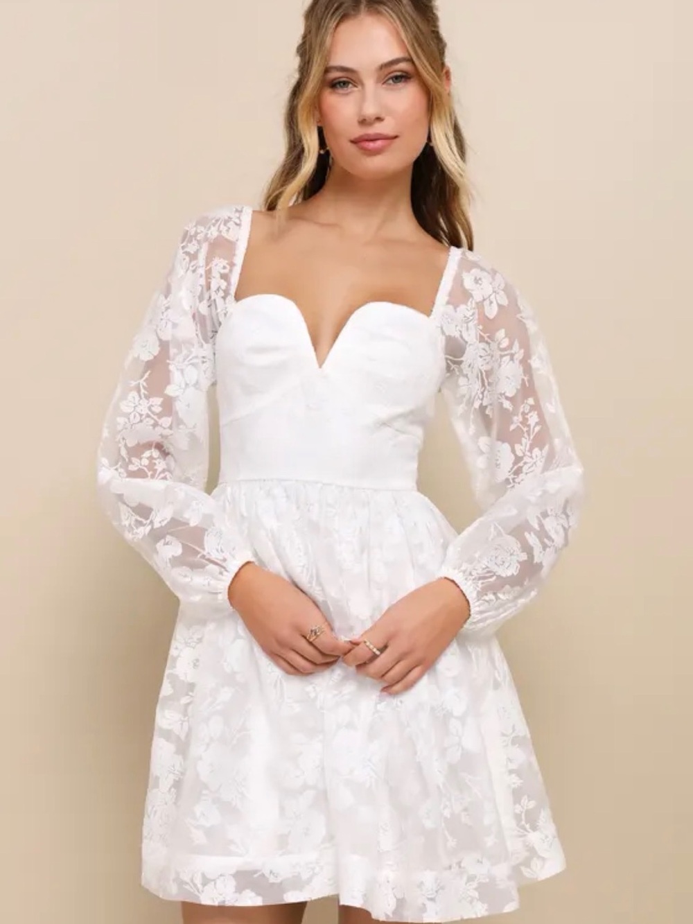 Lulu's White Floral Lace Long-Sleeve Sweetheart Mini Dress